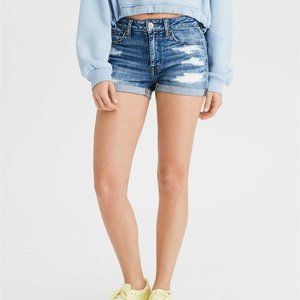 American Eagle Hi Rise Next Level Shortie Distressed Medium Wash Rolled Shorts